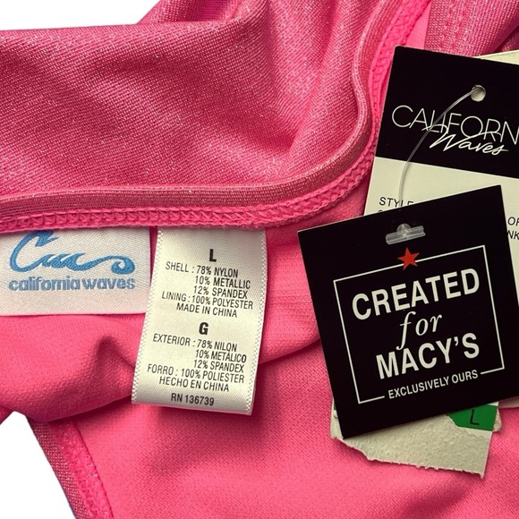 California Waves Swimwear L Bottom‎ Pink Metallic Ruched Stretch Hipster Trendy - Picture 5 of 9